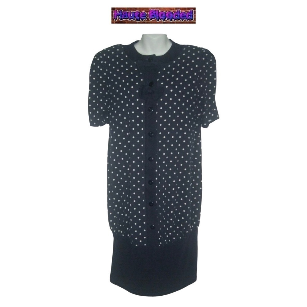 Vintage 80's Navy Blue Polka Dot Shirt Dress Nautical Buttons Minnie Mouse Retro